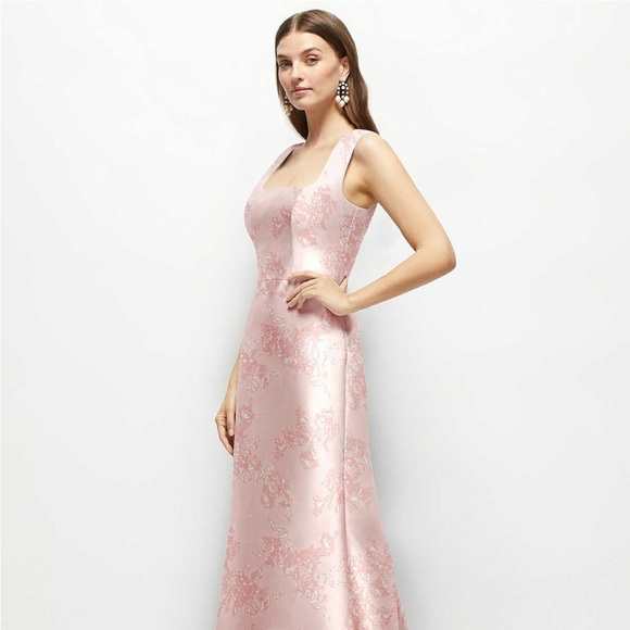 Alfred Sung Pink Satin Floral Formal Bridesmaid Dress Fit and Flare Maxi - Picture 2 of 5